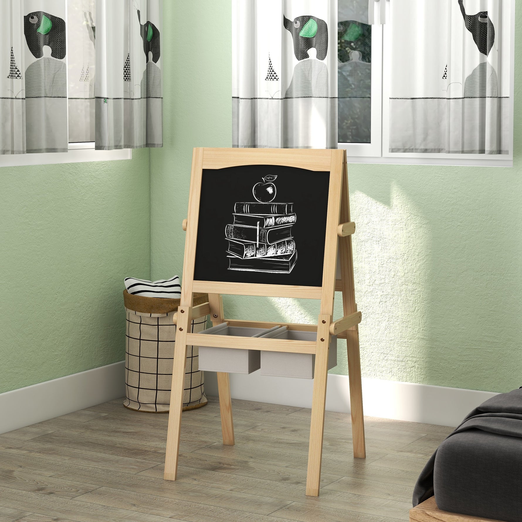 Tableau chevalet enfant ardoise double face tableau blanc tableau à craie rouleau papier 58 x 50,5 x 109 cm naturel