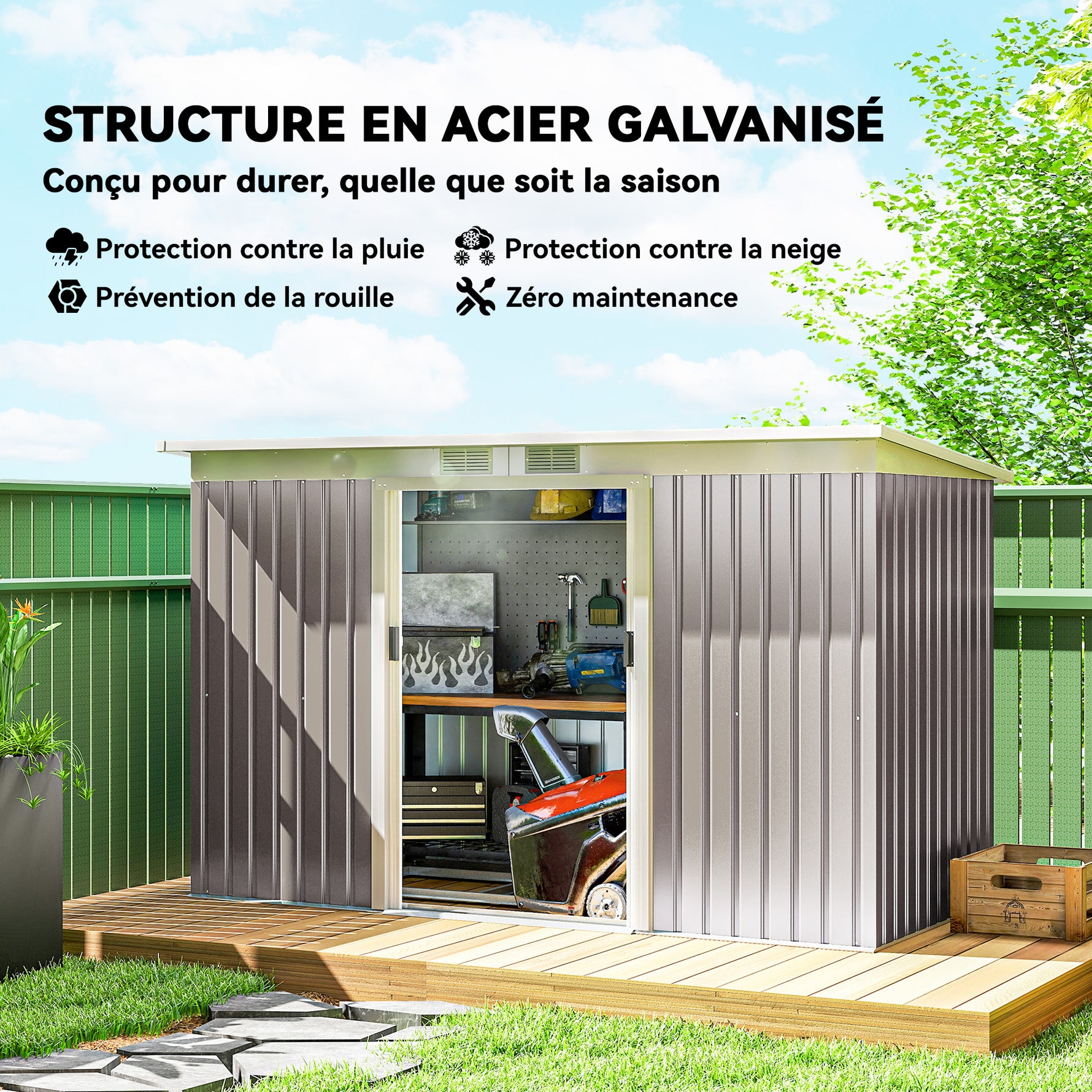Abri de jardin 3,6 m² remise à outils avec kit de fondation en acier galvanisé 280 x 130 x 172 cm, gris clair
