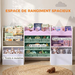 Meuble de rangement jouets enfant avec bibliothèque, 8 bacs en tissu, 2 tiroirs à roulettes et étagères ouvertes, blanc