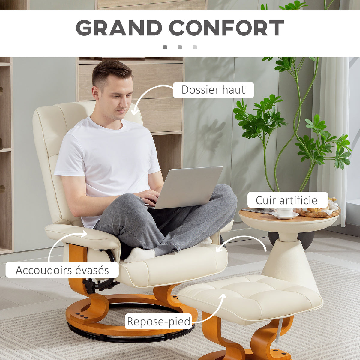 Verstelbare relaxfauteuil met voetensteun, draaibaar, houten frame, crèmekleurige kunstlederen bekleding