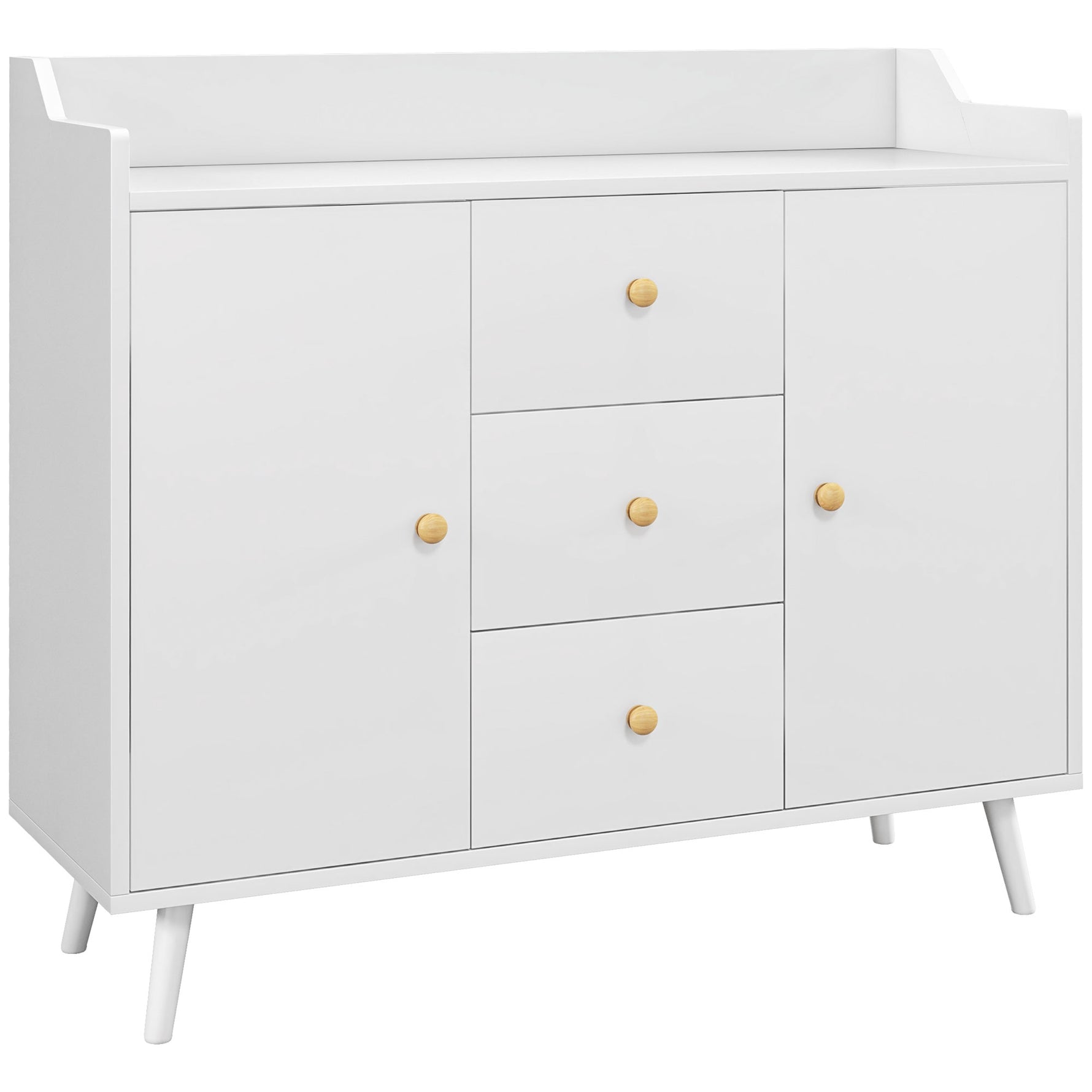 Buffet, meuble de rangement avec 2 portes, 3 tiroirs et pieds en bois massif, style moderne, 90 x 32 x 80 cm, blanc