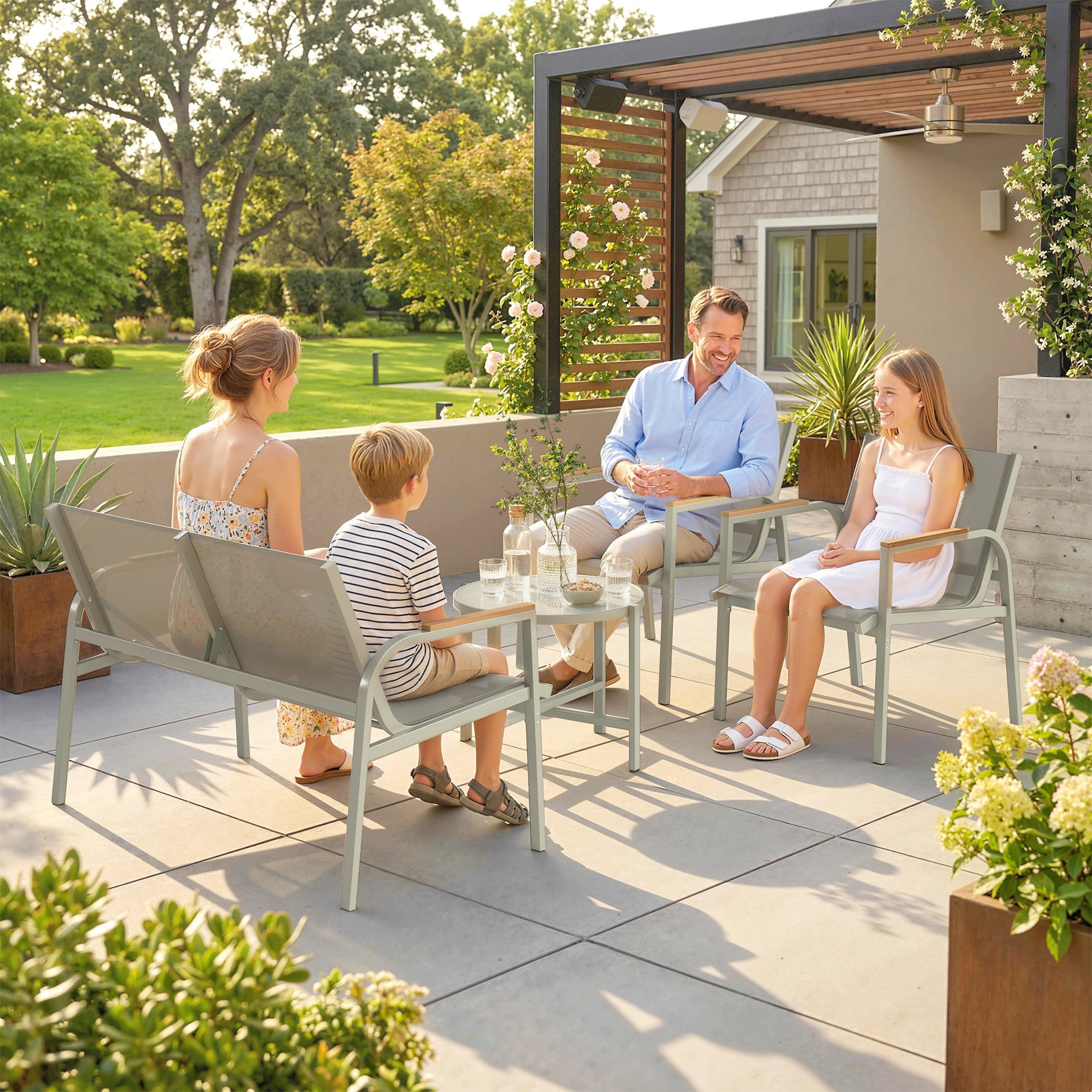Salon de Jardin Ensemble de Terrasse avec Canapé 2 Places, 2 Fauteuils et Table Basse en Verre Trempé 4 Pièces Vert