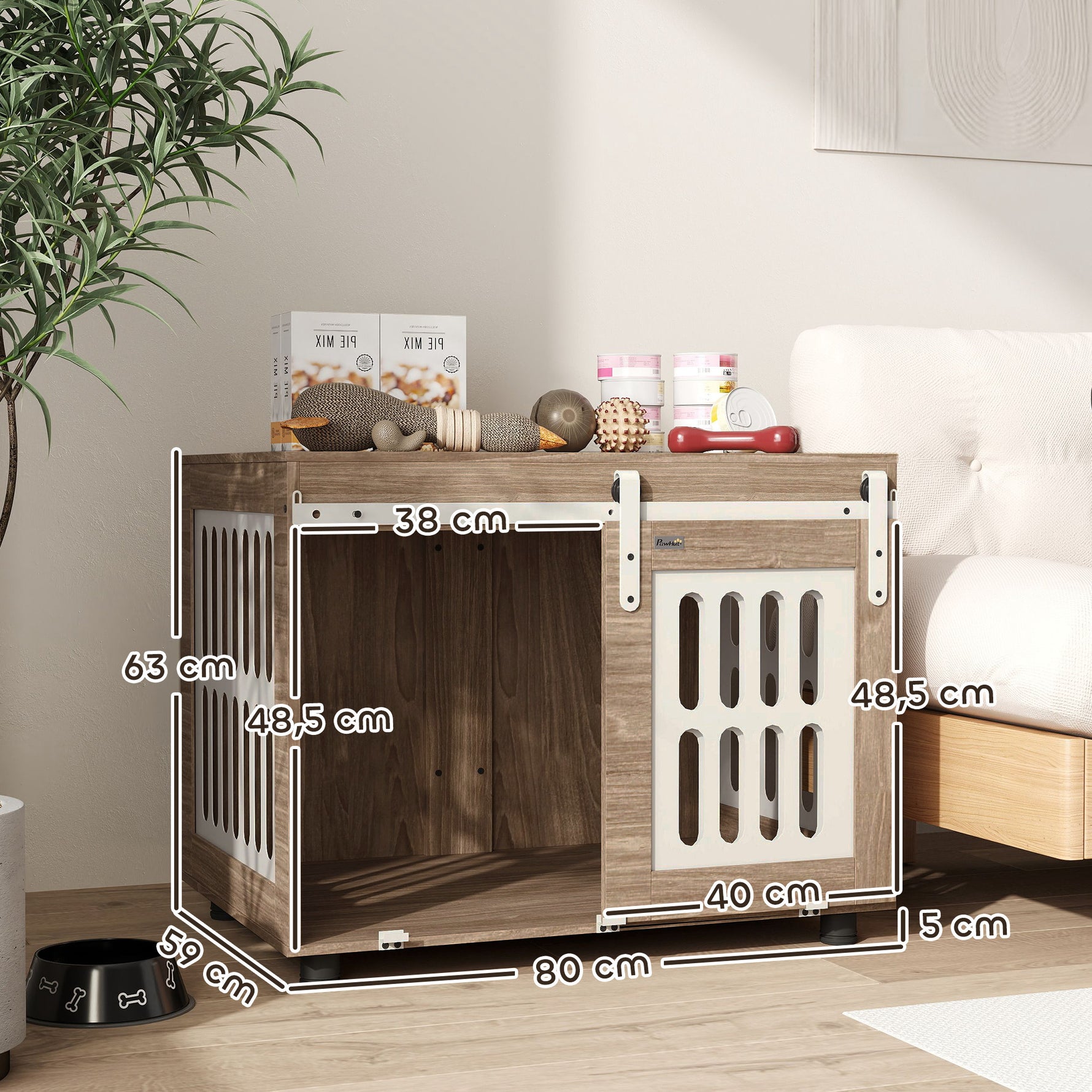 Meuble cage pour chien avec porte coulissante, maison pour chien de moyenne, table d'appoint, 80 x 59 x 63 cm, noyer