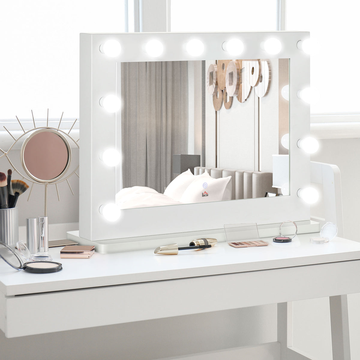 Miroir maquillage Hollywood lumineux 12 LED tactile - luminosité réglable, fonction mémoire - métal MDF blanc verre