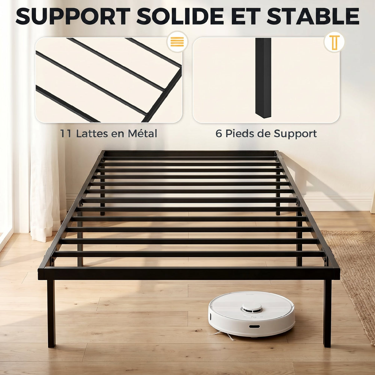 Cadre de lit 90 x 200 cm avec sommier en métal, lit simple avec rangement au-dessous, sans bruit, montage facile, noir