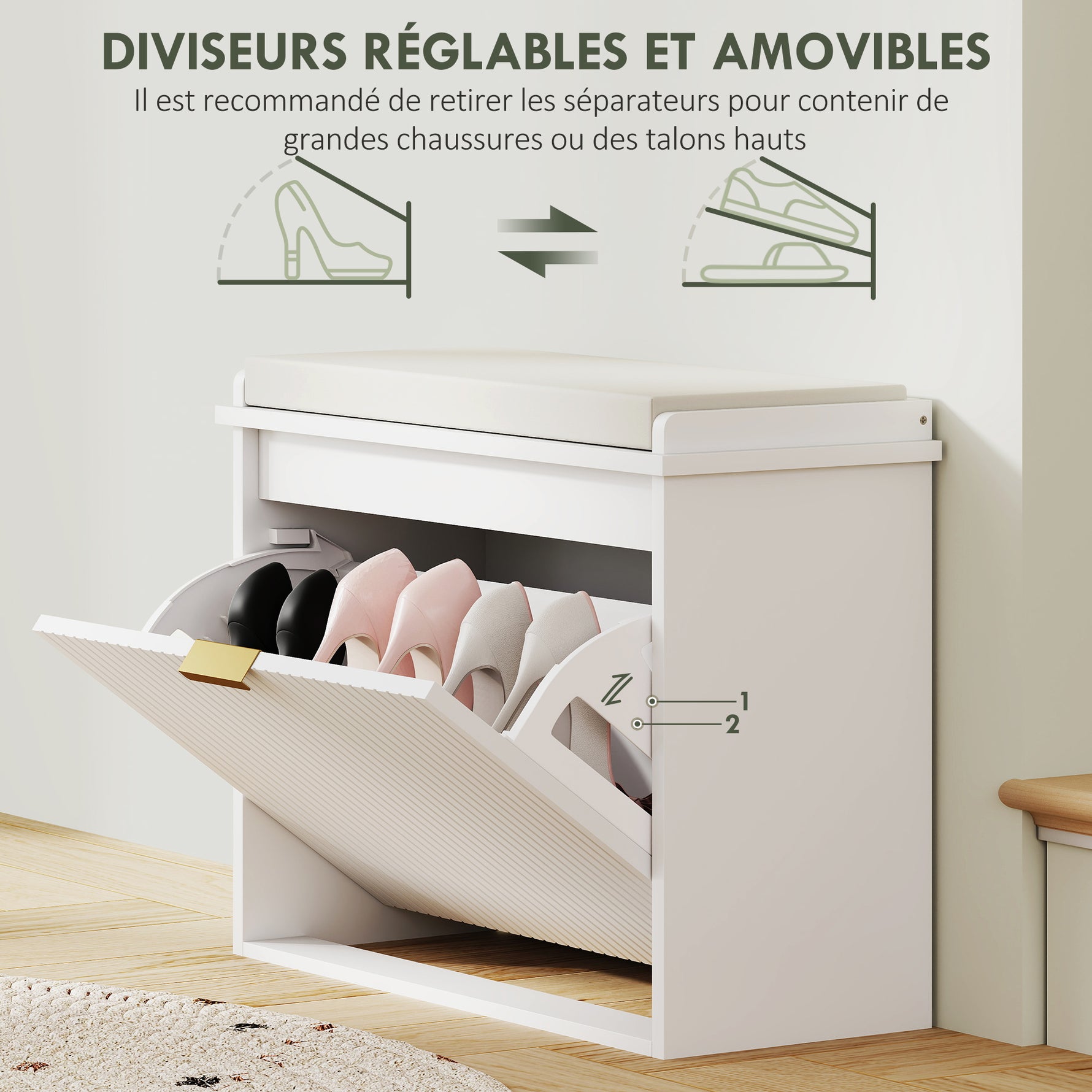 Banc à chaussures avec coussin d'assise rembourré et tiroir rabattable pour couloir, chambre, 62 x 26 x 47,5 cm, blanc