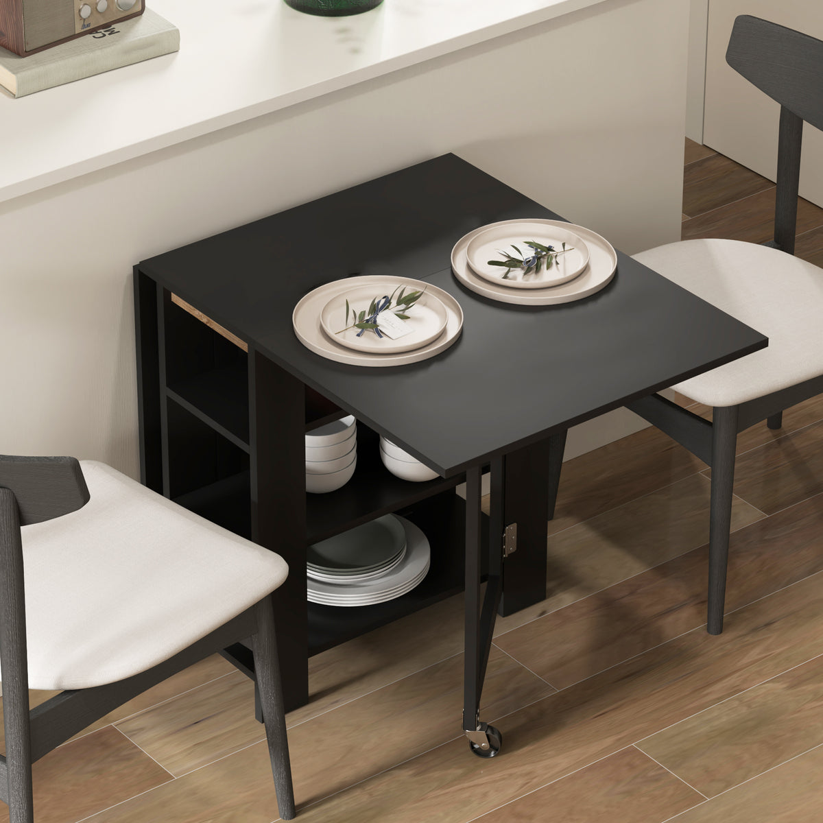 Table de cuisine table de salle à manger pliable amovible 3 étagères 2 abattants design moderne 120 x 60 x 75 cm noir