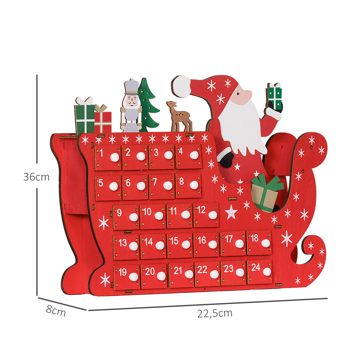 Calendrier de l'Avent à remplir en bois, décoration de Noël avec 24 tiroirs, Père Noël et traîneau, 22,5x8x36cm, rouge