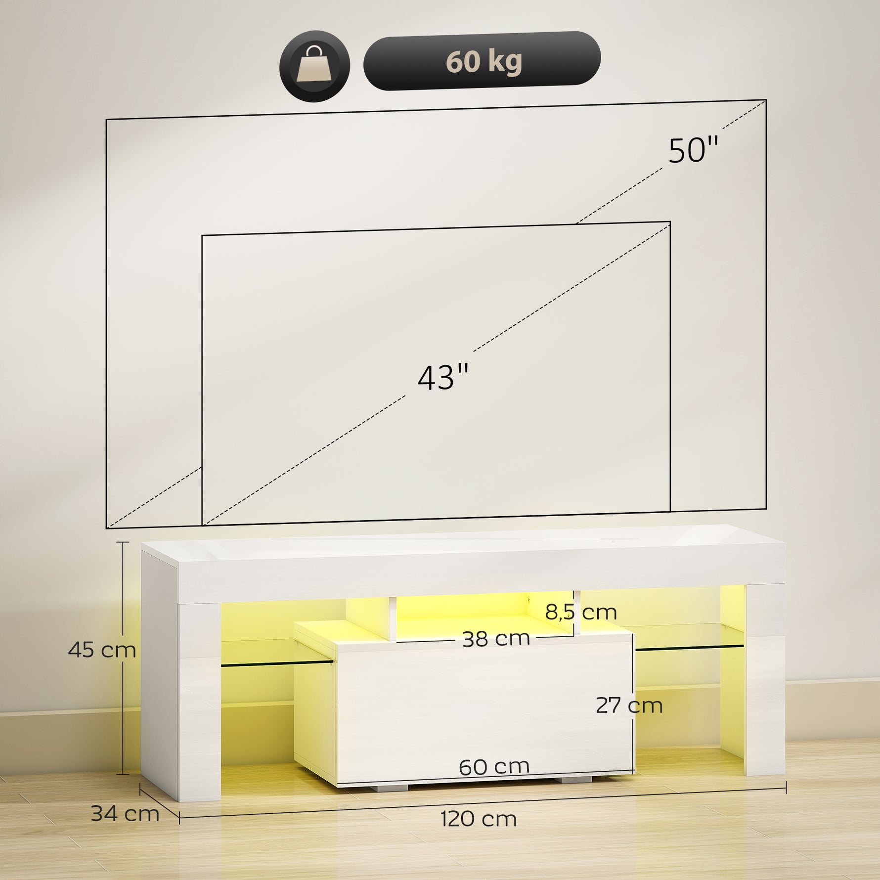 Meuble TV, meuble télé avec éclairage LED RGB, haute brillance, étagères en verre trempé, 120x34x45cm, blanc