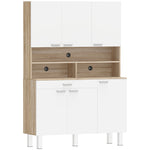 Buffet haut cuisine, armoire de cuisine, 6 portes, tiroir et étagères ouvertes, 120x40x175cm, blanc et bois naturel