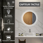 Miroir rond lumineux LED de salle de bain Ø 60 cm mural avec éclairage 3 couleurs interrupteur tactile 29W blanc argent