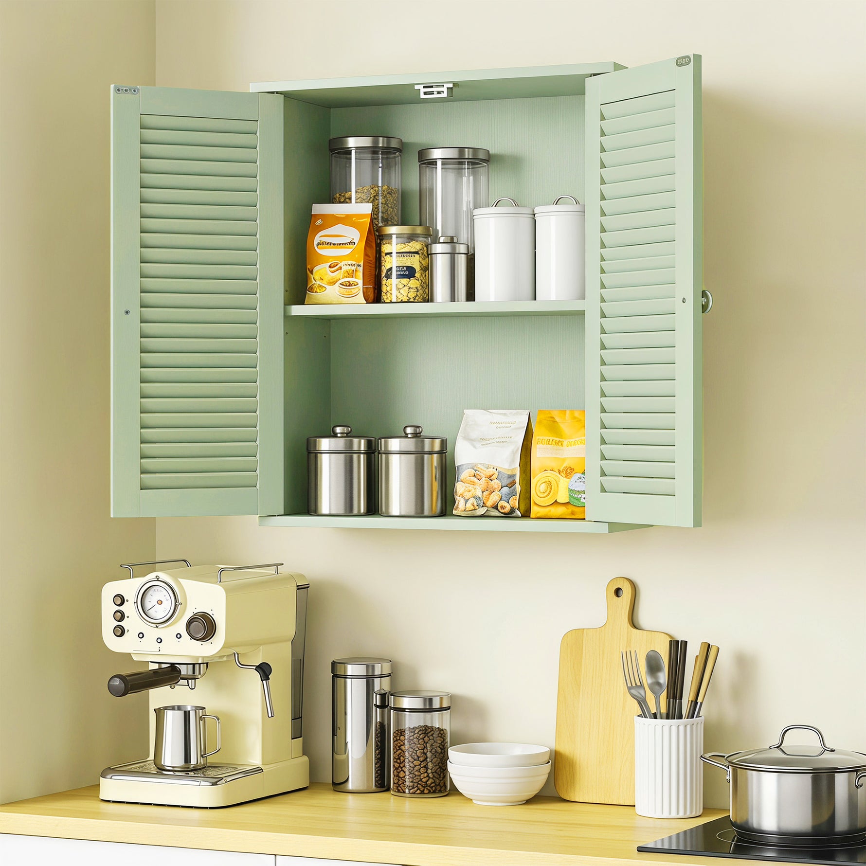 Armoire murale de salle de bain, meuble de rangement suspendu avec 2 portes persiennes et étagère réglable, vert