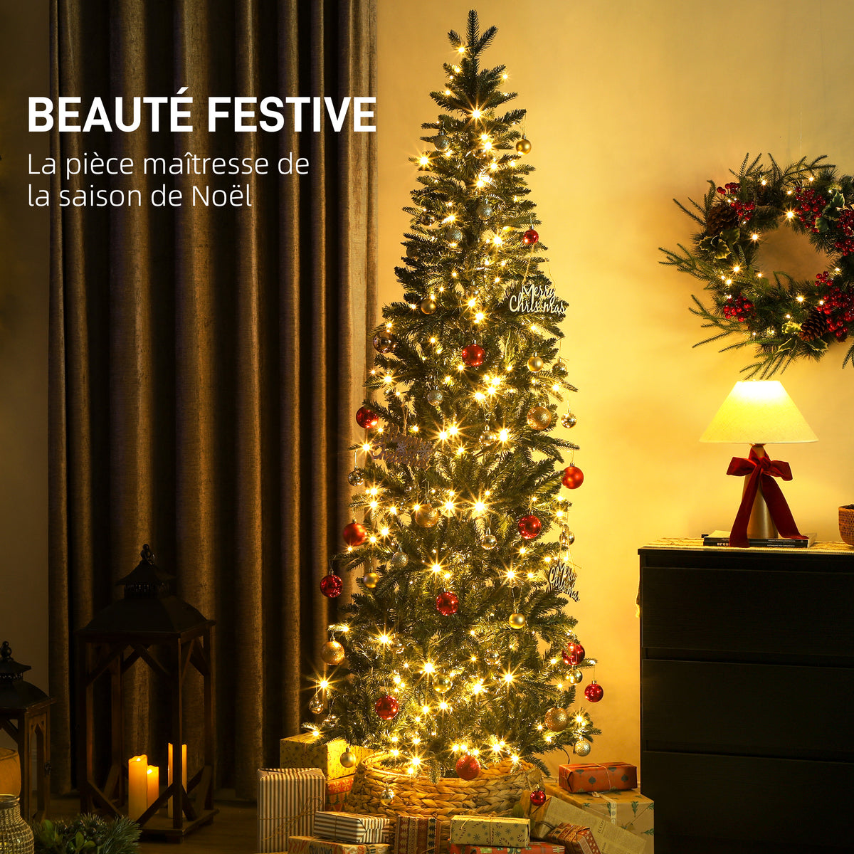 Sapin de Noël artificiel 210 cm, arbre de Noël slim avec 300 lumières 8 modes d'éclairage 826 branches articulées, vert