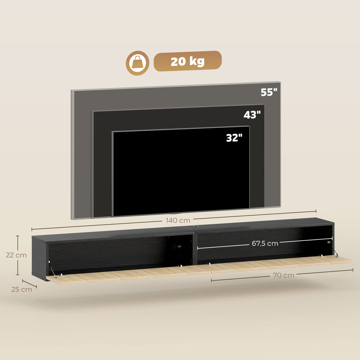 Meuble TV suspendu 140cm, meuble télé pour téléviseur 72 pouces, 2 portes rabattables, 140x25x22cm, bois naturel et noir
