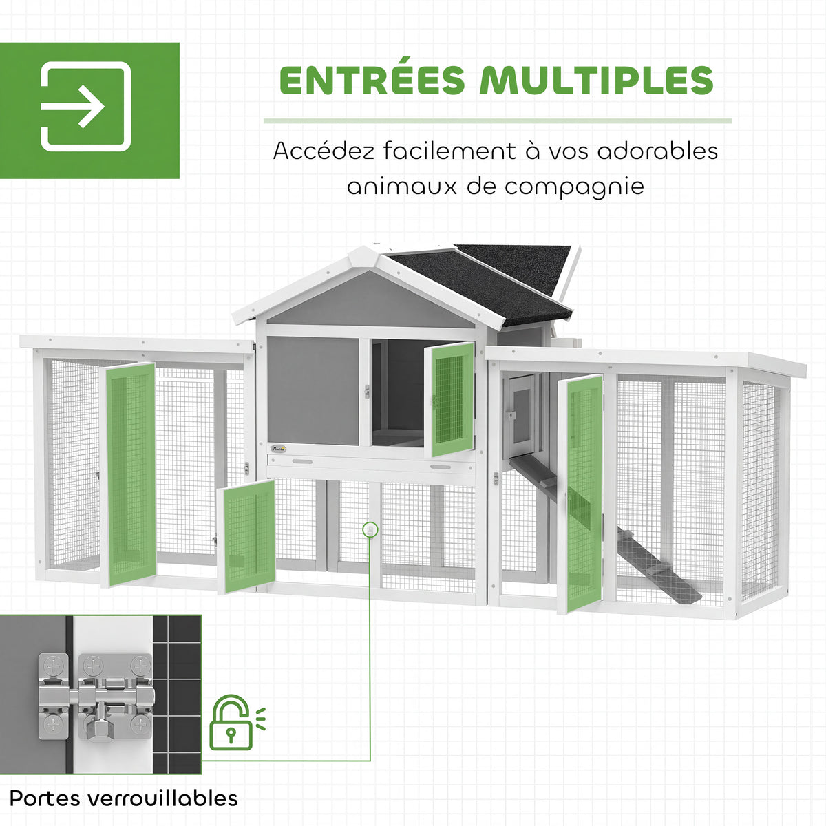 Poulailler clapier modèle chalet multi-équipé : rampes, nichoirs, plateau, en bois massif 204 x 85 x 93 cm gris
