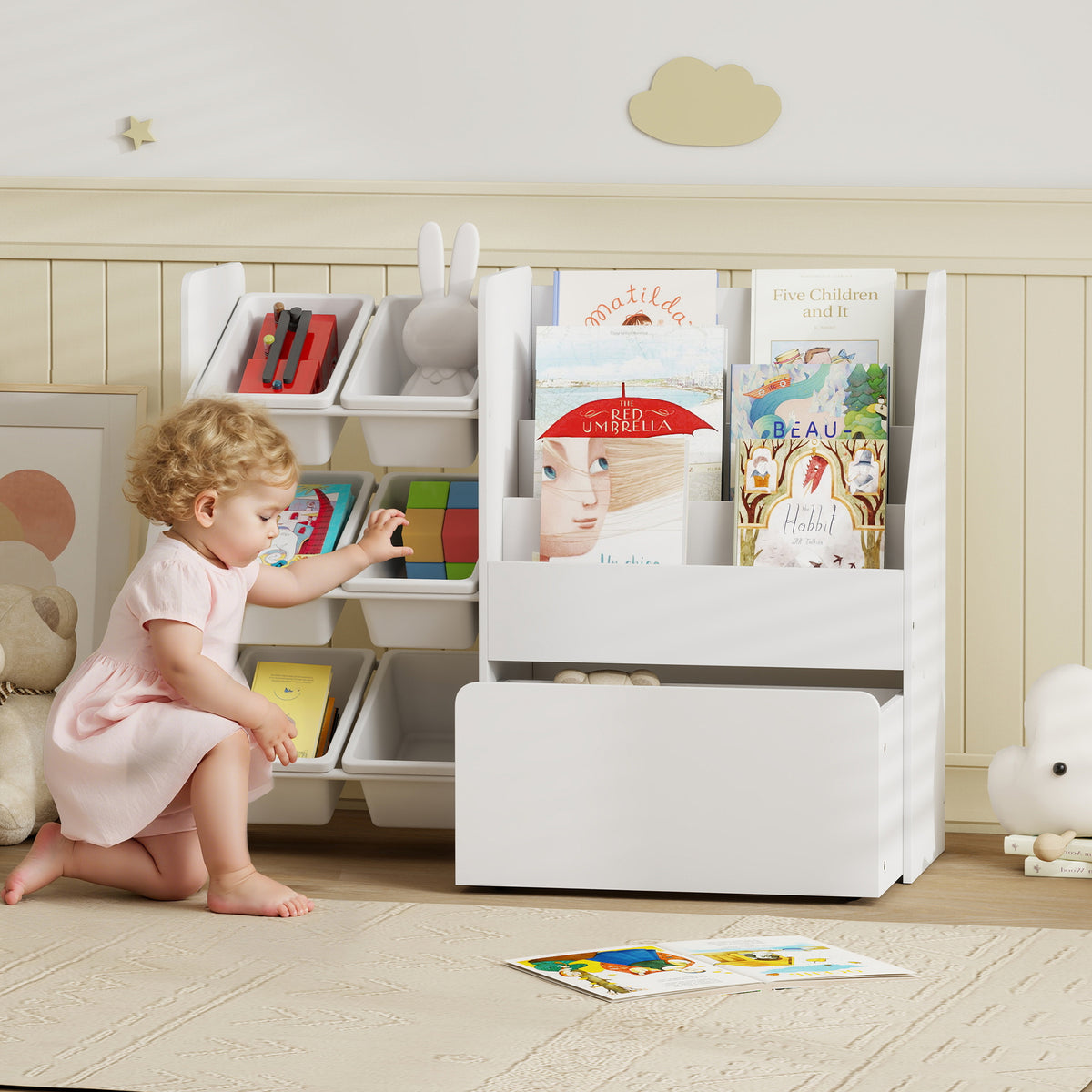 Meuble rangement enfant rangement jouet enfant 6 bacs amovibles et grand coffre à roulettes 100 x 30 x 80 cm blanc