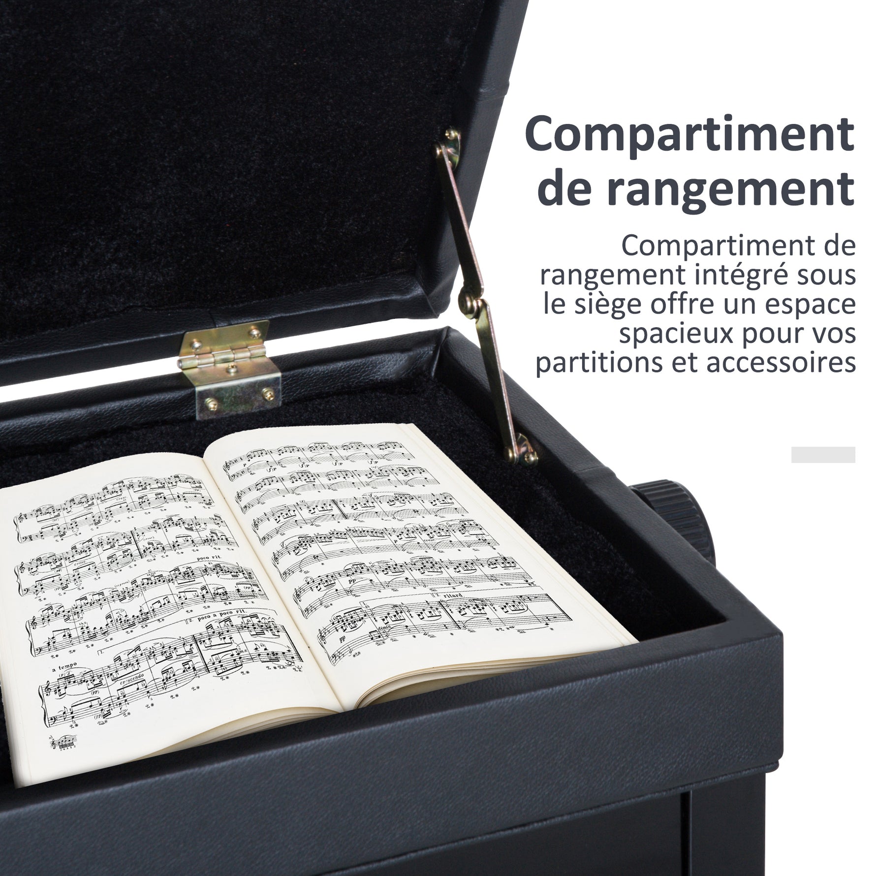 Banc de piano, banc de clavier réglable en hauteur en bois massif, tabouret piano avec compartiment caché, siège rembourré polyuréthane à 10 boutons, stable et antidérapant, charge 200kg, noir