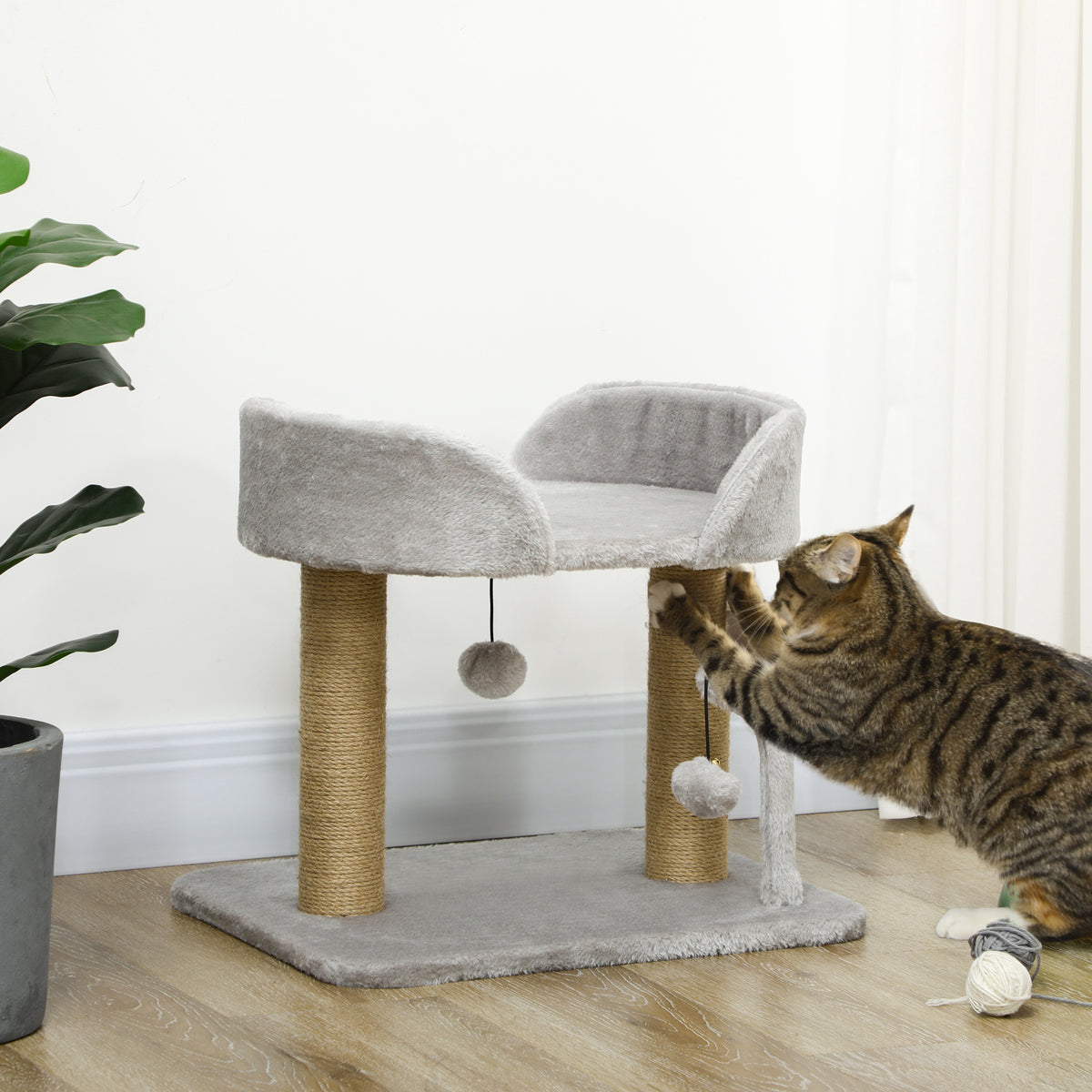 Designer cat scratching tree with 2 hanging pom-pom toys, 2 jute-covered posts, plush platform, jute, 48 x 38 x 42 cm, grey