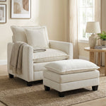 Fauteuil salon avec repose-pied, canapé 1 place en chenille, assise large, rembourrage double couche, 85x128x86cm, crème