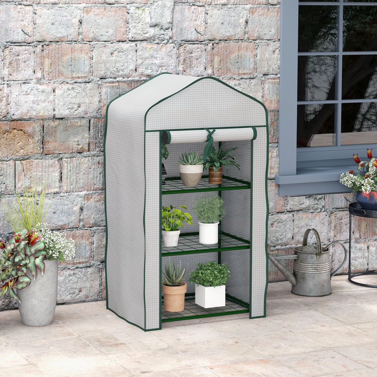 Serre de Jardin étagère 3 Niveaux dim. 59L x 39l x 127H cm métal thermolaqué Vert PE Haute densité 140g/m² Blanc