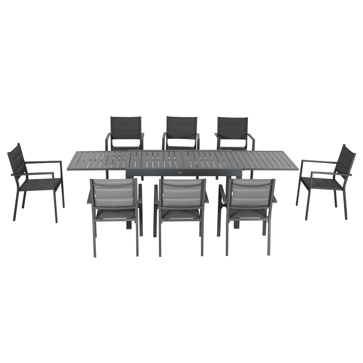 Salon de jardin table extensible 135-270 cm en aluminium et textilène 6/10 personnes 8 chaises empilables gris