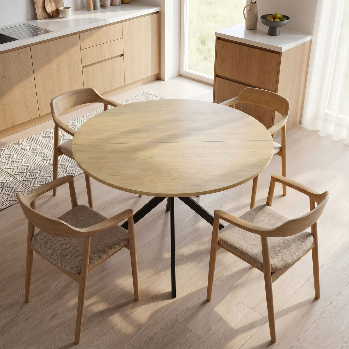 Table à Manger Ronde pour 4 Personnes 100 cm, Style Industriel avec Plateau Aspect Bois, Piètement Croisé en Acier Chêne