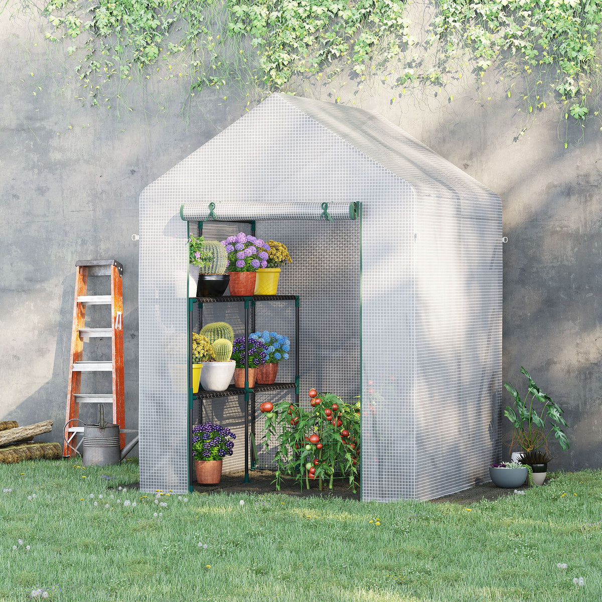 Serre de jardin PE avec étagères 2 niveaux, serre de balcon, bâche renforcée 140 g/m², châssis en acier, porte zippée enroulable, pour légumes plantes fleurs, 143x143x195cm, blanc