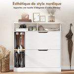 Meuble à chaussures, armoire à chaussures, 2 tiroirs rabattables, compartiments ouverts et étagère réglable, blanc