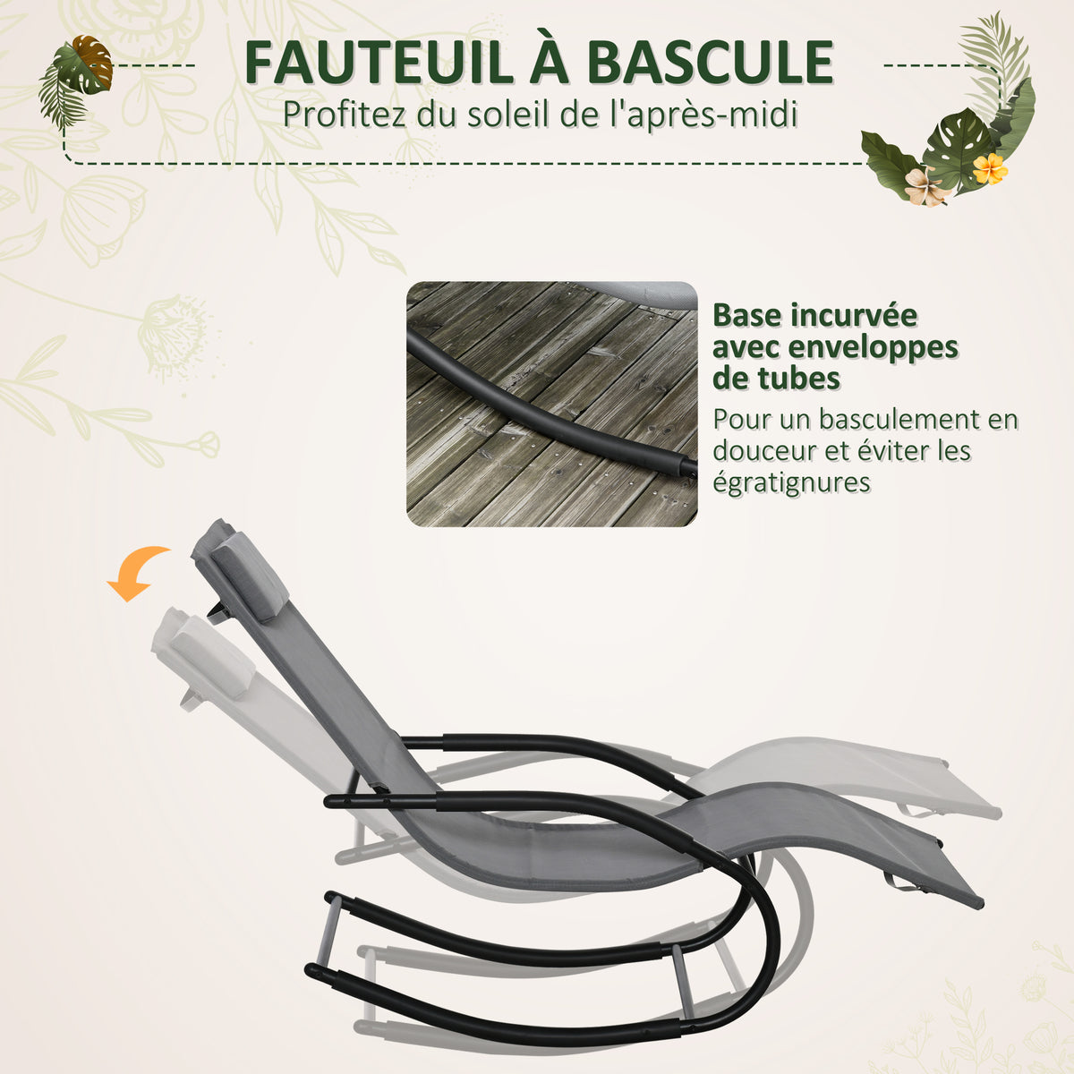 Chaise longue à bascule rocking chair ergonomique avec tétière accoudoirs métal galvanisé textilène Gris