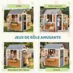 Cabane enfant extérieur en bois, maison enfant extérieure/intérieure avec porte, fenêtres, 3 bacs à fleurs, jaune