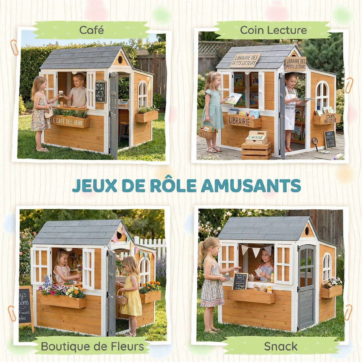 Cabane enfant extérieur en bois, maison enfant extérieure/intérieure avec porte, fenêtres, 3 bacs à fleurs, jaune