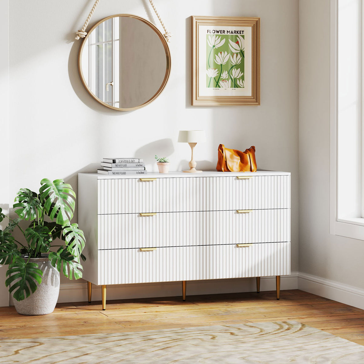 Kommode mit 6 Schubladen, Schlafzimmerkommode, modernes Aufbewahrungsmöbel mit goldenen Griffen und Füßen, 120 x 40 x 76,5 cm, weiß