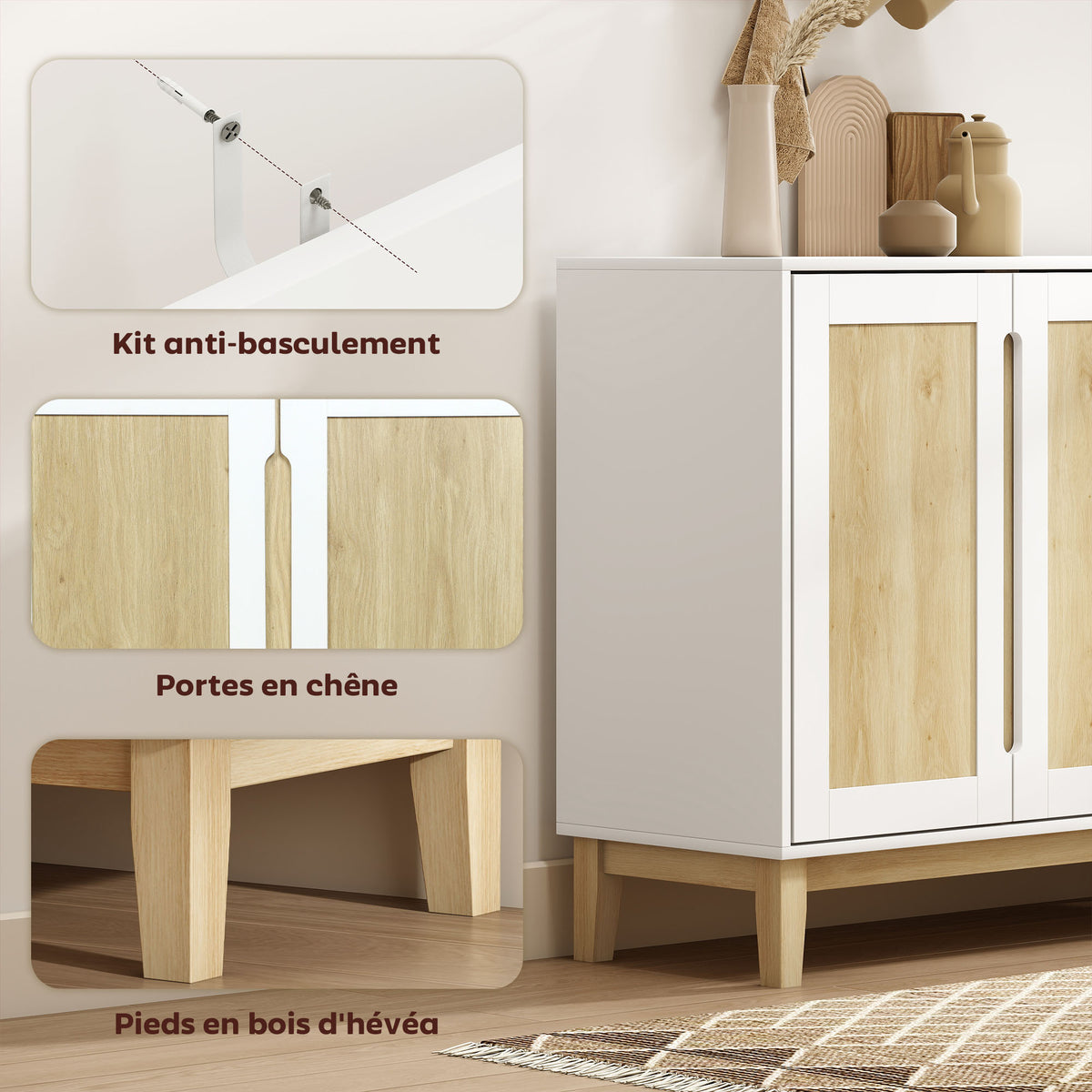 Buffet, meuble de rangement avec 2 portes et 4 tiroirs, étagère réglable, 120 x 40 x 86 cm, blanc et chêne