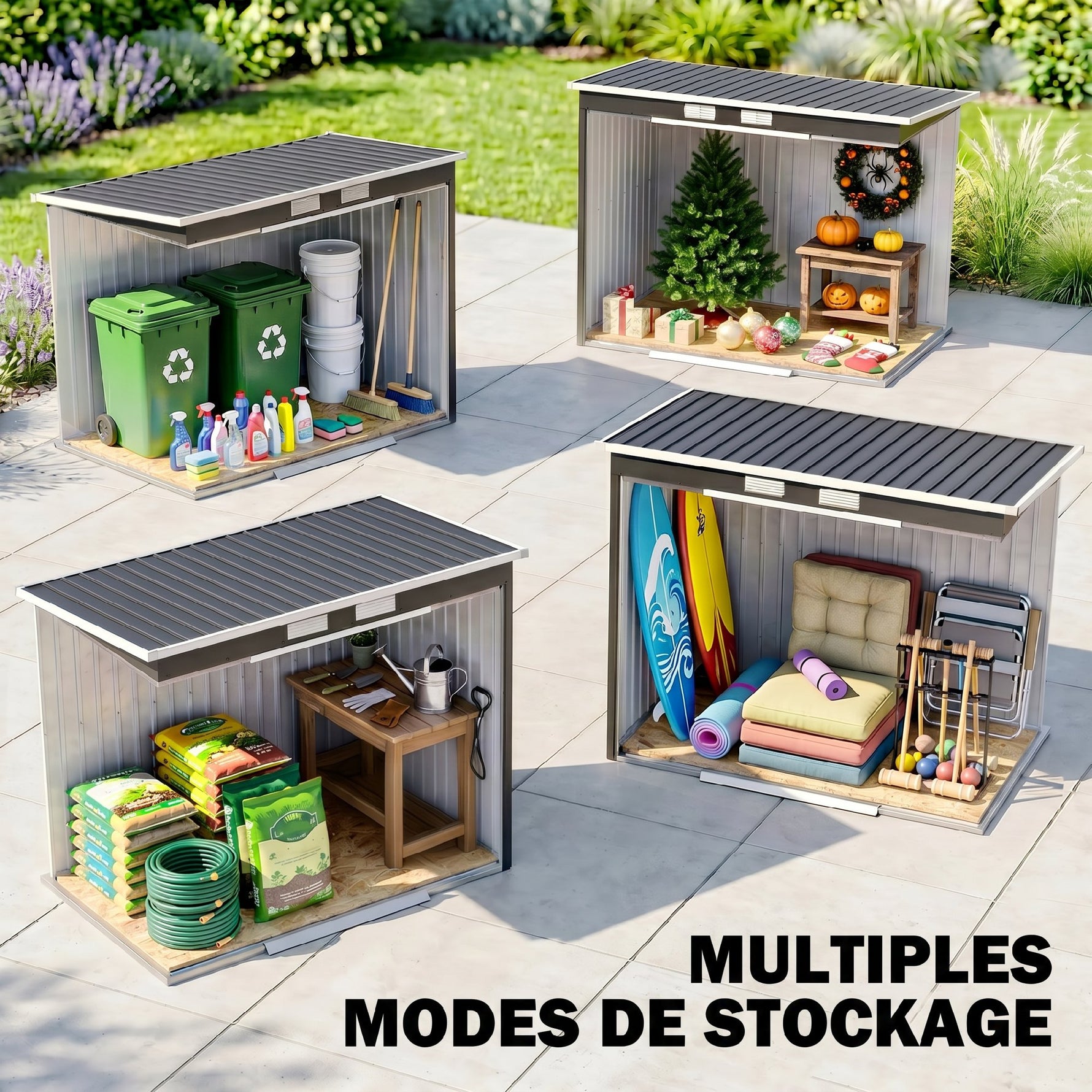 Abri de jardin 2,77 m² 213 x 130 x 172 cm kit de fondation porte coulissante ventilations acier galvanisé gris foncé