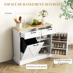 Credenza da cucina con mobiletto per pattumiera da 38L, mobile da cucina, 2 cassetti, portaspezie e piano di lavoro, bianco