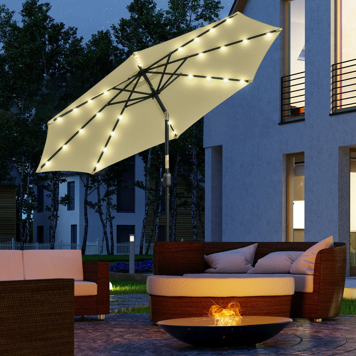 Ombrellone da giardino rotondo Ø 265 cm, luci LED solari, manovella inclinabile, palo in acciaio, 8 stecche, beige