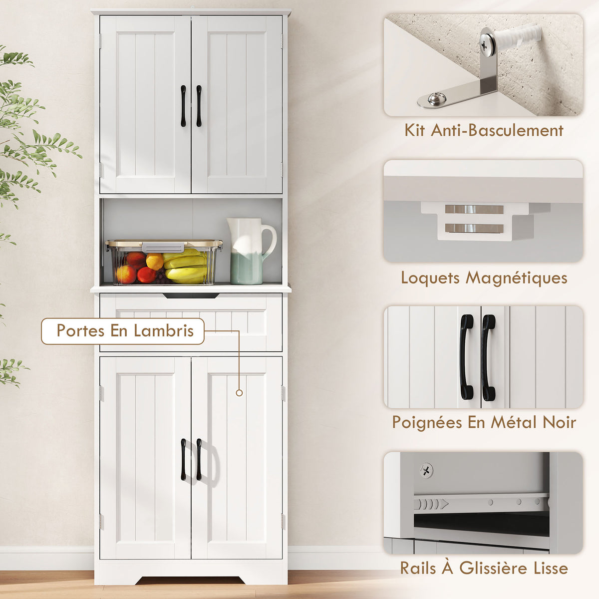 Buffet cuisine, armoire de cuisine avec 4 portes, tiroir, compartiment ouvert et étagères réglables, 60x30x172cm, blanc
