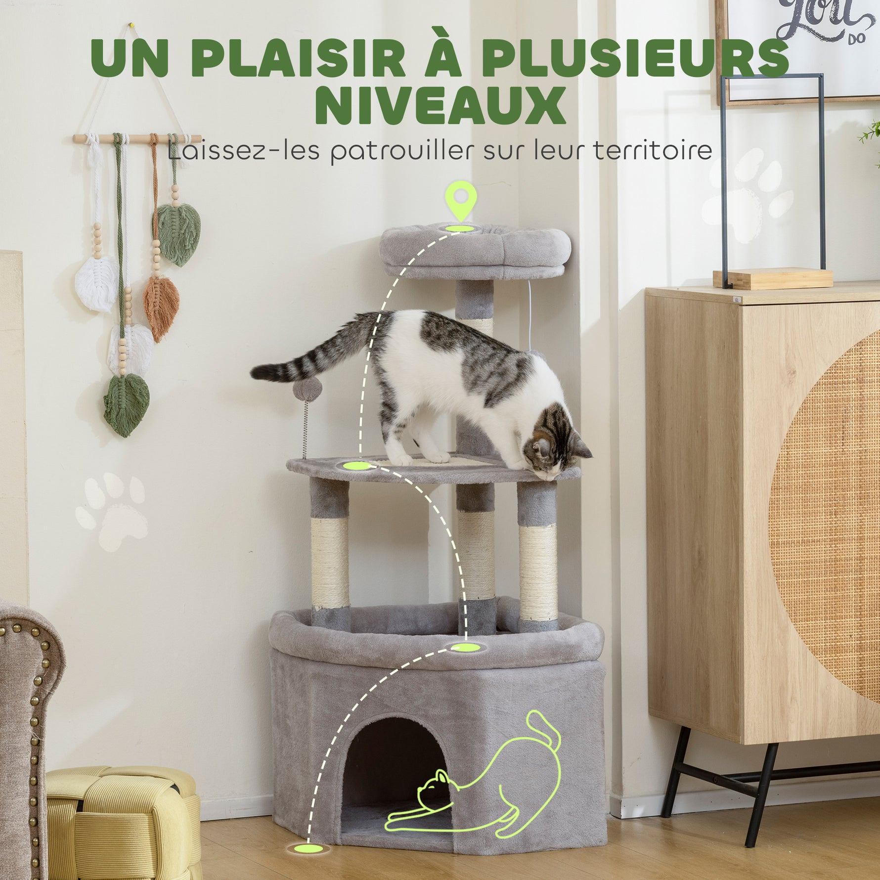 Arbre à chat tour de jeux pour chats griffoirs sisal, plate-forme, niche, tissu peluche, balles, 49x49x114cm gris clair