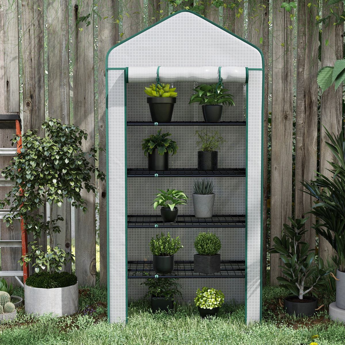 Serre de jardin Serre 5 niveaux avec 1 porte enroulable, Bâche en PE Renforcée Résistante dim. 90L x 49l x 193H cm