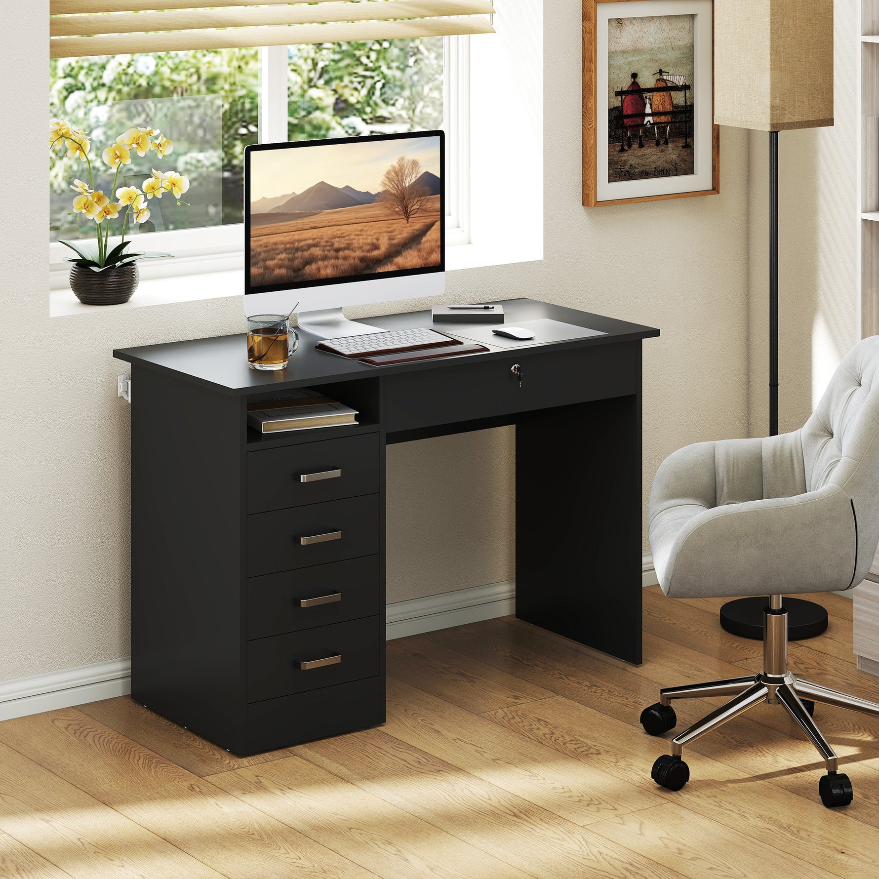Bureau moderne avec 5 tiroirs, grand plateau, 1 compartiment ouvert, tiroir verrouillable, 110 x 50 x 76cm, noir
