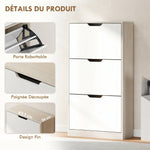 Meuble à chaussures 12 paires, armoire à chaussures étroite, 3 tiroirs rabattables, chêneet blanc