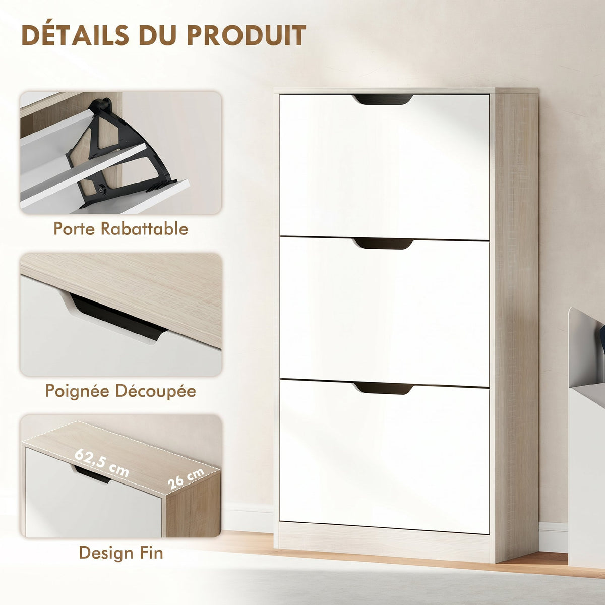 Meuble à chaussures 12 paires, armoire à chaussures étroite, 3 tiroirs rabattables, chêneet blanc