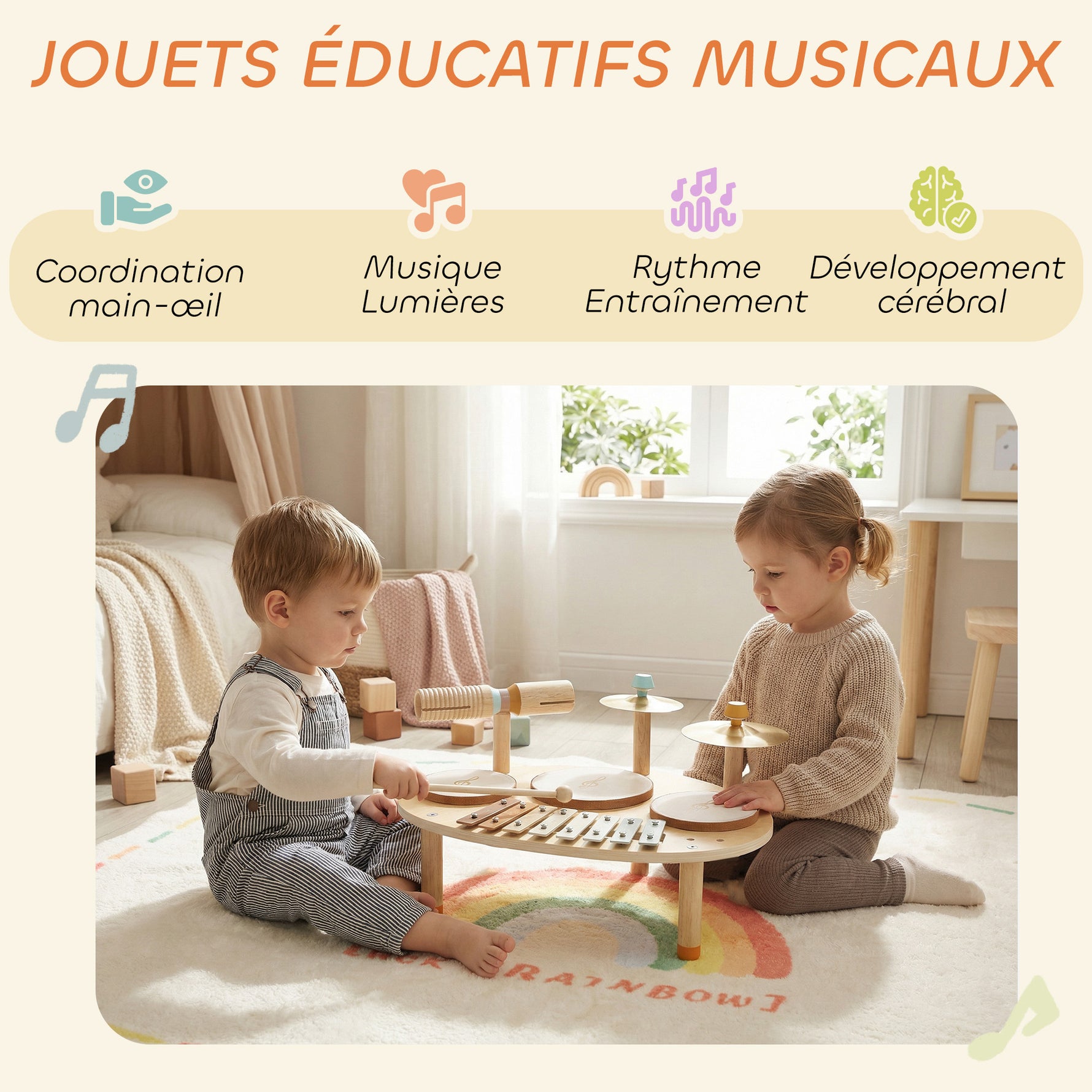 Jeux de Tambours pour Bébé, Tambour bébé avec Xylophone pour Tout-Petits, Instruments de Musique en Bois, Naturel