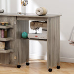 Table de couture pliante meuble couture à abattant avec bacs de rangement, étagère ouverte et roulettes effet bois grisé