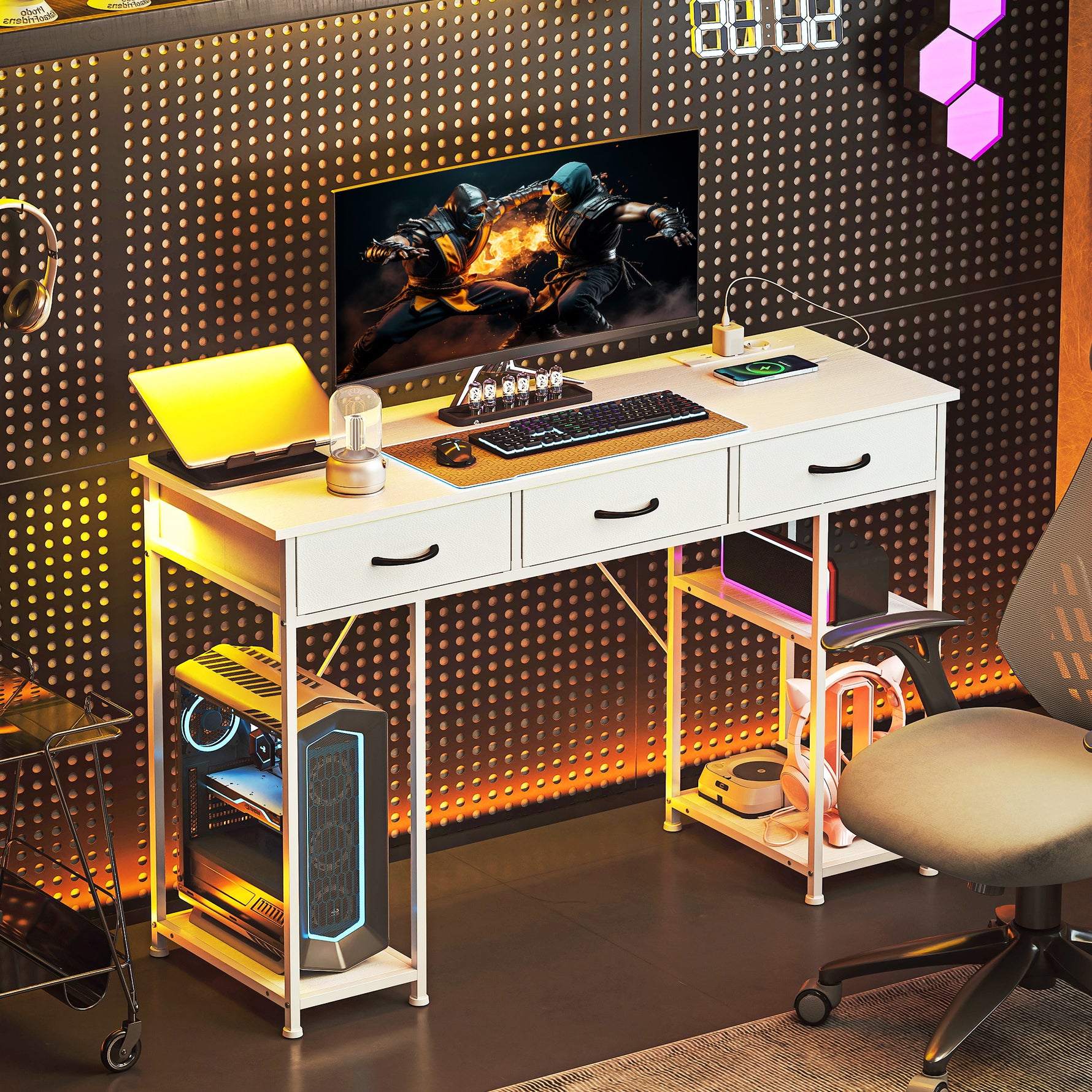 Bureau avec rangement avec prises de courant, 3 tiroirs en tissu et 4 étagères de rangement, 120 x 40 x 76 cm, blanc