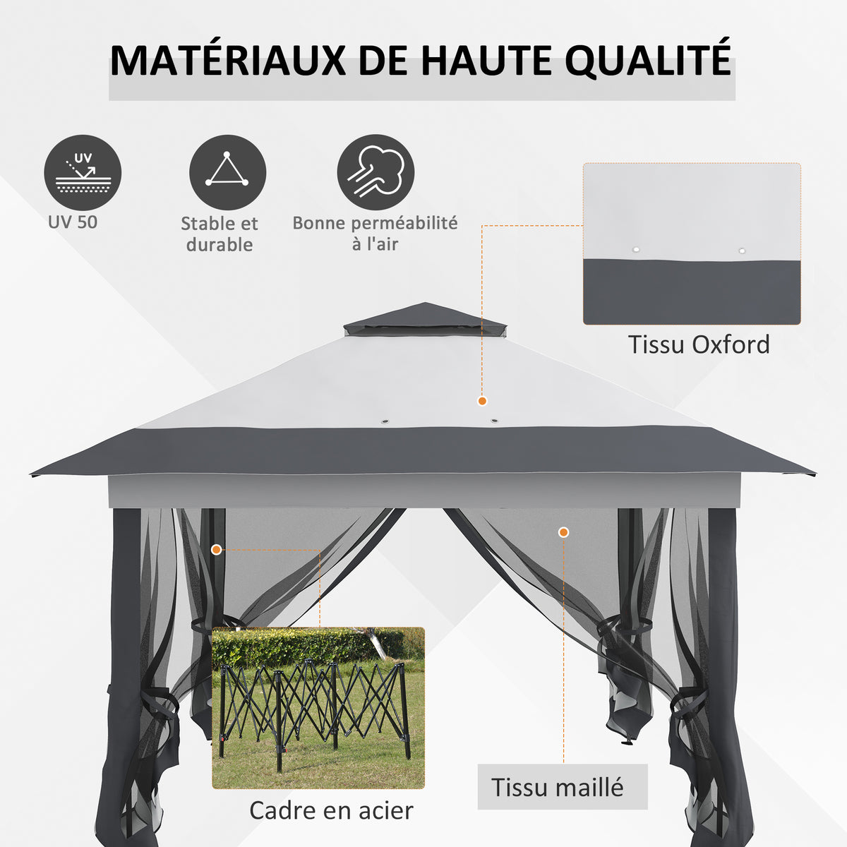 Gazebo da giardino pieghevole pop-up in acciaio e poliestere con zanzariere + borsa per il trasporto con ruote grigio