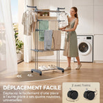 Séchoir à linge pliable 4 niveaux avec roulettes, étendoir linge intérieur avec ailes latérales, cadre en acier, gris
