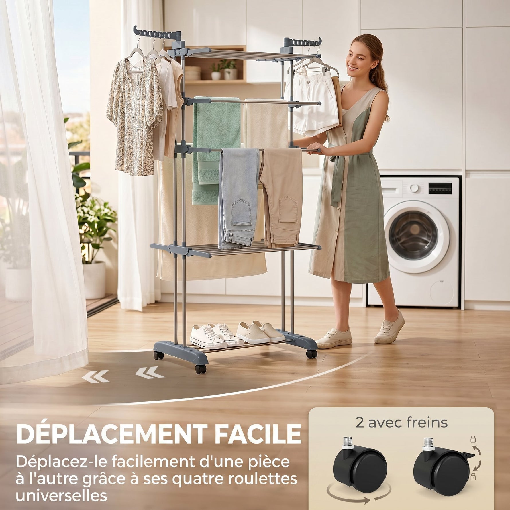 Séchoir à linge pliable 4 niveaux avec roulettes, étendoir linge intérieur avec ailes latérales, cadre en acier, gris