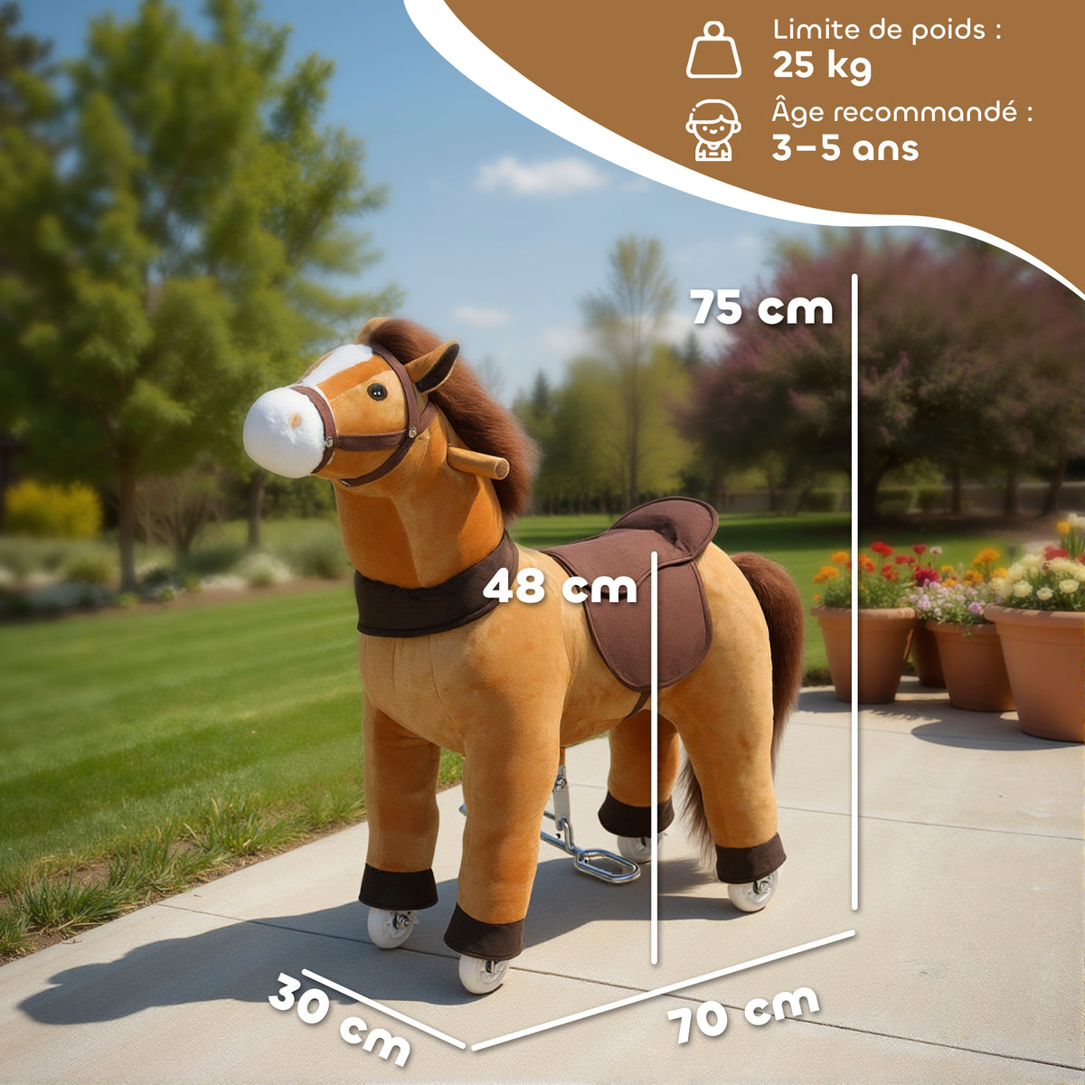 Cheval à Monter pour Enfant, Cheval à Roulettes en Peluche, Poignée, 75 cm de Haut, pour 3 à 5 Ans, Marron