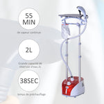 Défroisseur vapeur vertical 1950 W 32g/min, réservoir d'eau de 2 litres, tige télescopique, fer vertical autonomie 45min, 11 températures réglables, prêt en 38s, planche et cintre fournis rouge
